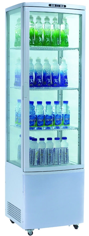 Холодильный шкаф витринного типа GASTRORAG RT-235W 0…+12оС, 235 л, панорамный, 1 распашная стеклянная дверца, подсветка, 3 полки-решетки, цвет белый