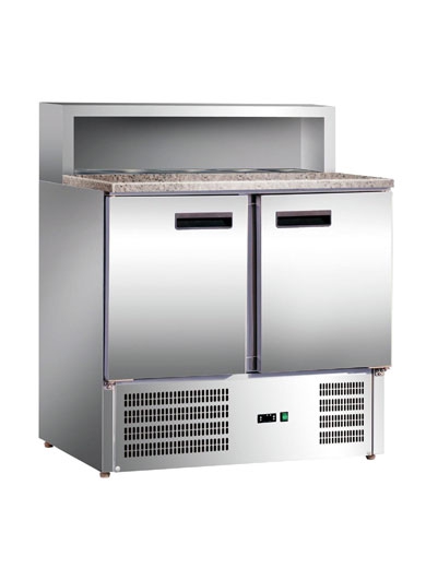 Холодильник-рабочий стол для пиццы GASTRORAG PS900 SEC мини, +2...+8оС, 285 л, 2 дверцы, 2 полки-решетки, гнездо вместимостью 5 GN 1/6, столешница из гранита, снаружи - нерж.сталь 304/430, внутри - алюминий