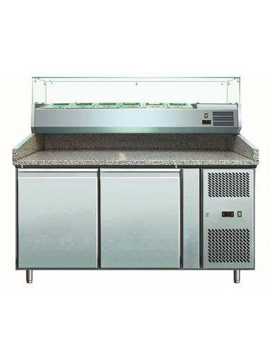 Холодильник-рабочий стол для пиццы GASTRORAG PZ 2600 TN/VRX 1500/380 +2...+10оС, 390 л, 2 дверцы, 2 пары направляющих под противни 400х600 мм, столешница из гранита, охл. витрина вместимостью  5 GN 1/3 + 1 GN 1/2 с прямым стеклом, нерж.сталь 304